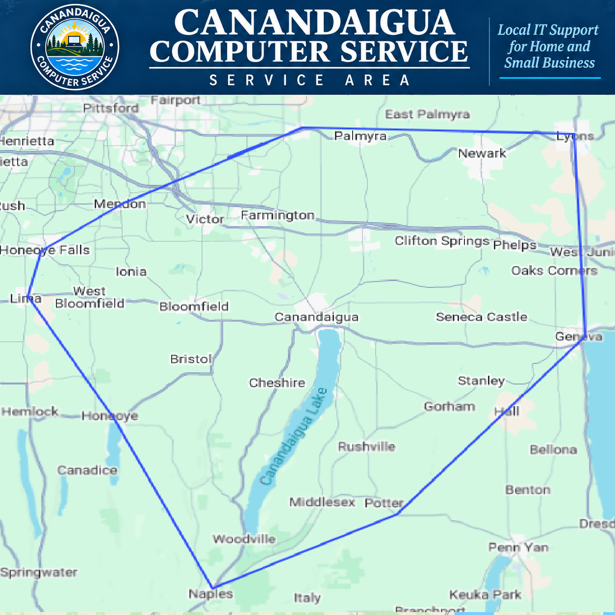 CCS coverage map centered on Canandaigua, extending toward Mendon, Honeoye, Naples, Geneva, Palmyra, Newark, and Lyons