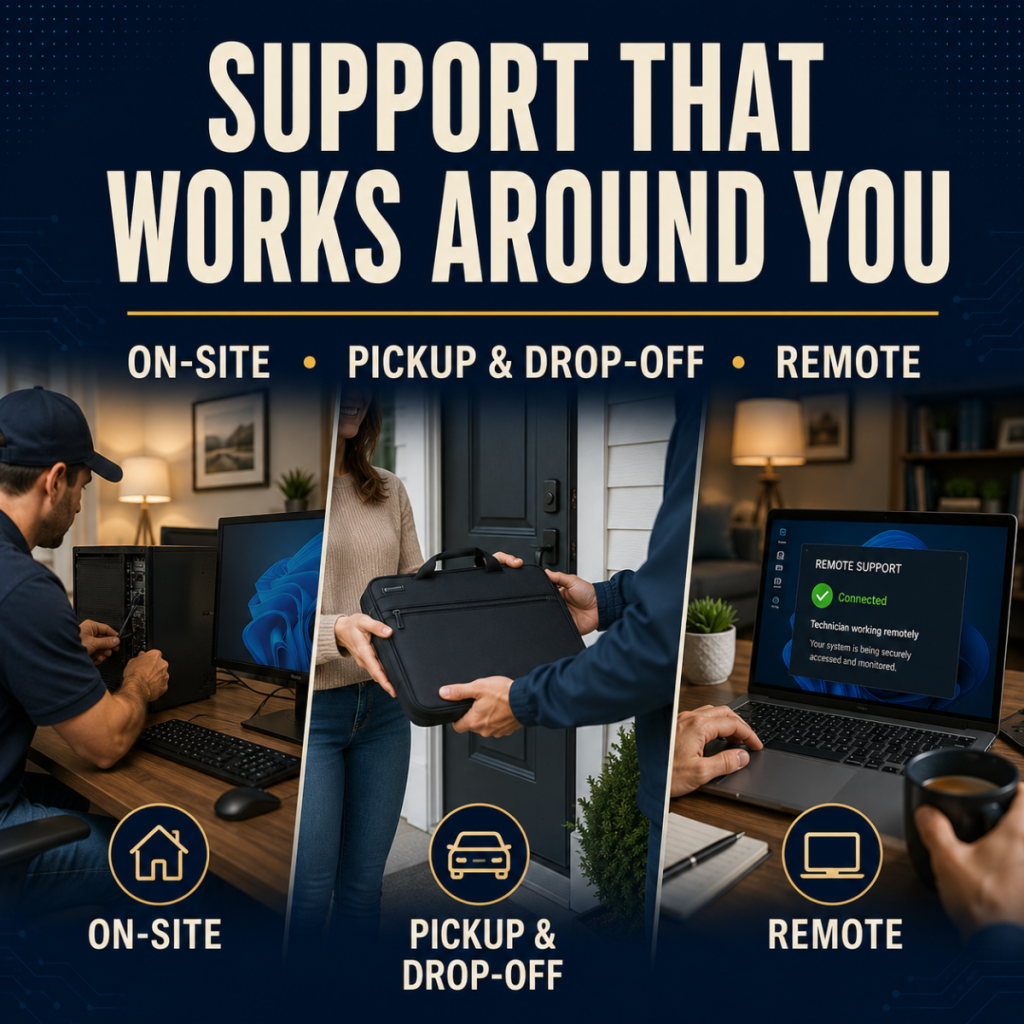 On-site IT support, device pickup and dropoff services, remote IT support.